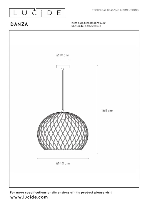 Lucide DANZA - Suspension - Ø 40 cm - 1xE27 - Noir - technique